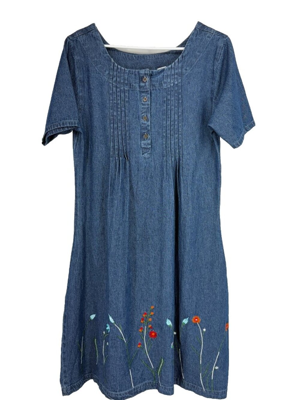 Vermont Country Store Women M Denim Dress Below Knee Blue Embroidered Flowers